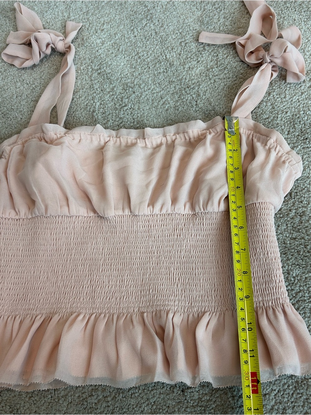 Aritzia Wilfred Blush Pink Smocked Tie-Shoulder Peplum Top Romantic Sz M - Picture 8 of 14